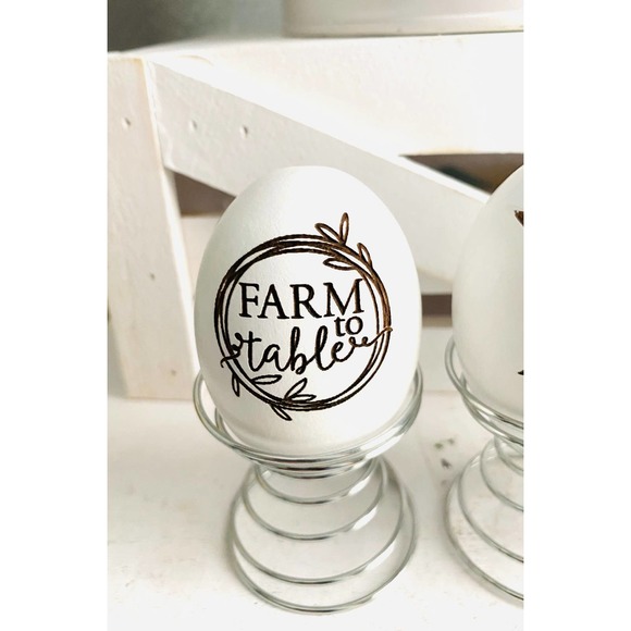 Set of 3 Farmhouse Inspired Farm Symbol Themed Wood Egg & Stand - Picture 2 of 4